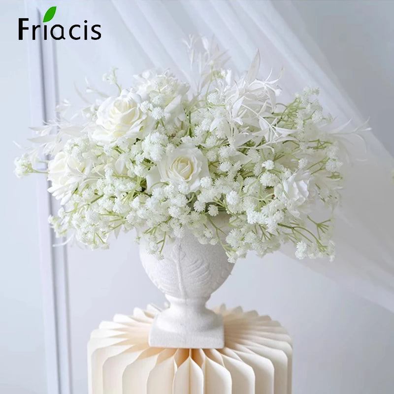White Baby breath Rose Wedding Backdrop Arch Decor Hanging Flower Row Hyacinth Orchid Event Aisle Floor Floral Arrangement Props