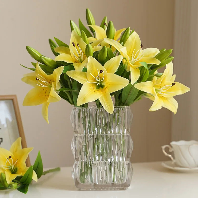 3 Heads Real Touch PVC Artificial Lily Silk Decorative Flower Wedding Decoration Gift Fresh Style Desk Ornaments Floral Arrangem