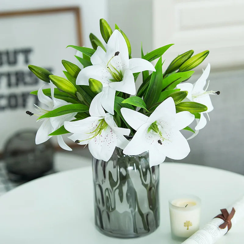 3 Heads Real Touch PVC Artificial Lily Silk Decorative Flower Wedding Decoration Gift Fresh Style Desk Ornaments Floral Arrangem