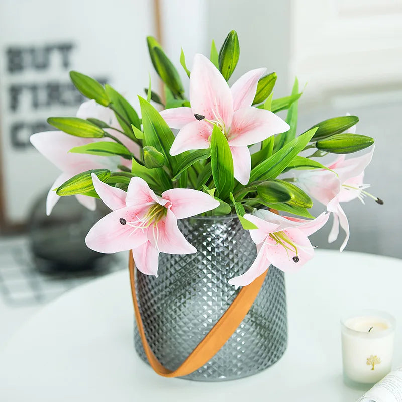 3 Heads Real Touch PVC Artificial Lily Silk Decorative Flower Wedding Decoration Gift Fresh Style Desk Ornaments Floral Arrangem