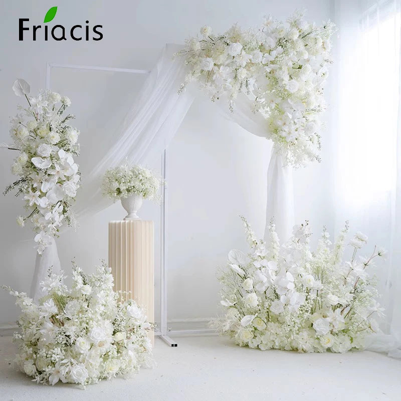 White Baby breath Rose Wedding Backdrop Arch Decor Hanging Flower Row Hyacinth Orchid Event Aisle Floor Floral Arrangement Props