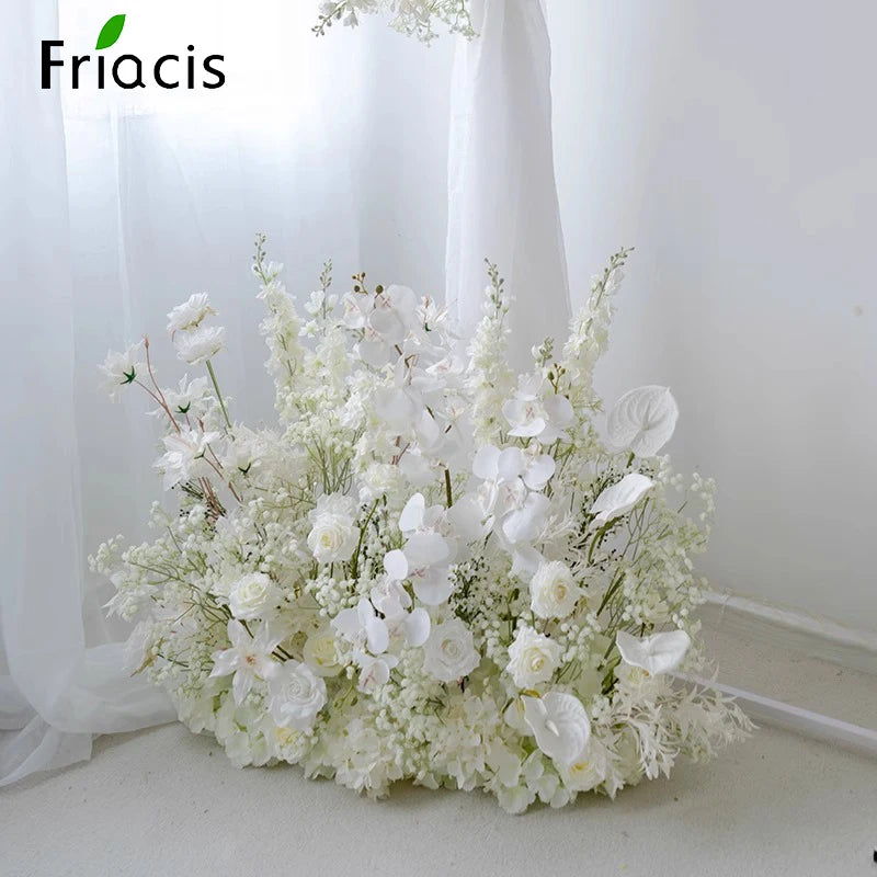 White Baby breath Rose Wedding Backdrop Arch Decor Hanging Flower Row Hyacinth Orchid Event Aisle Floor Floral Arrangement Props