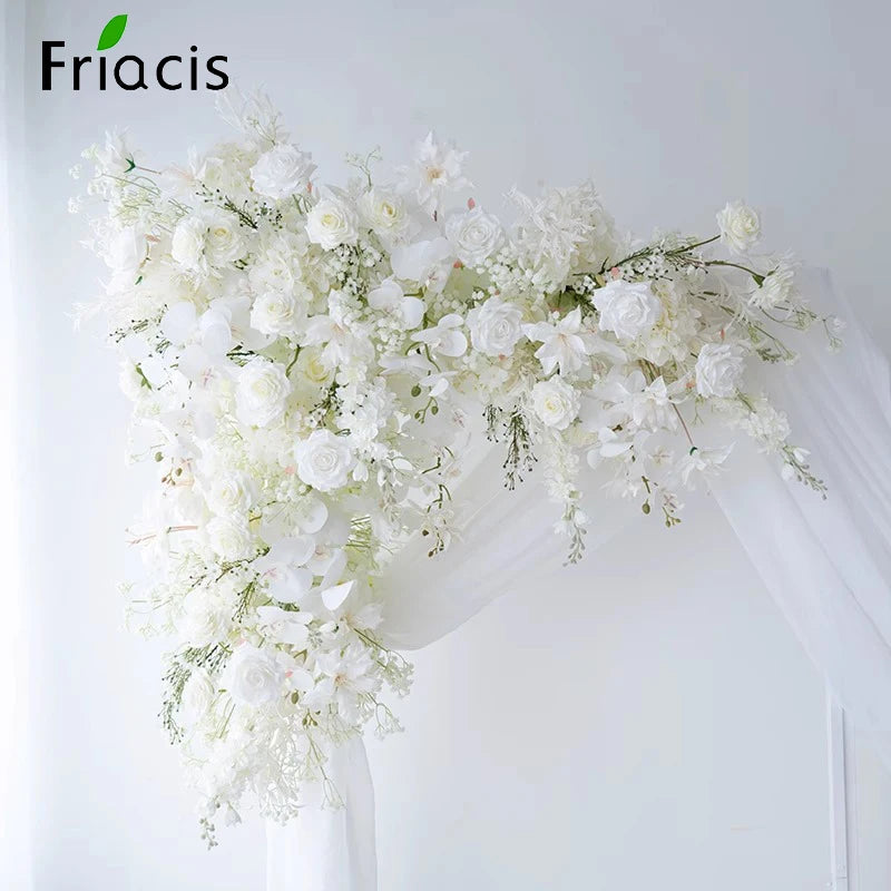 White Baby breath Rose Wedding Backdrop Arch Decor Hanging Flower Row Hyacinth Orchid Event Aisle Floor Floral Arrangement Props