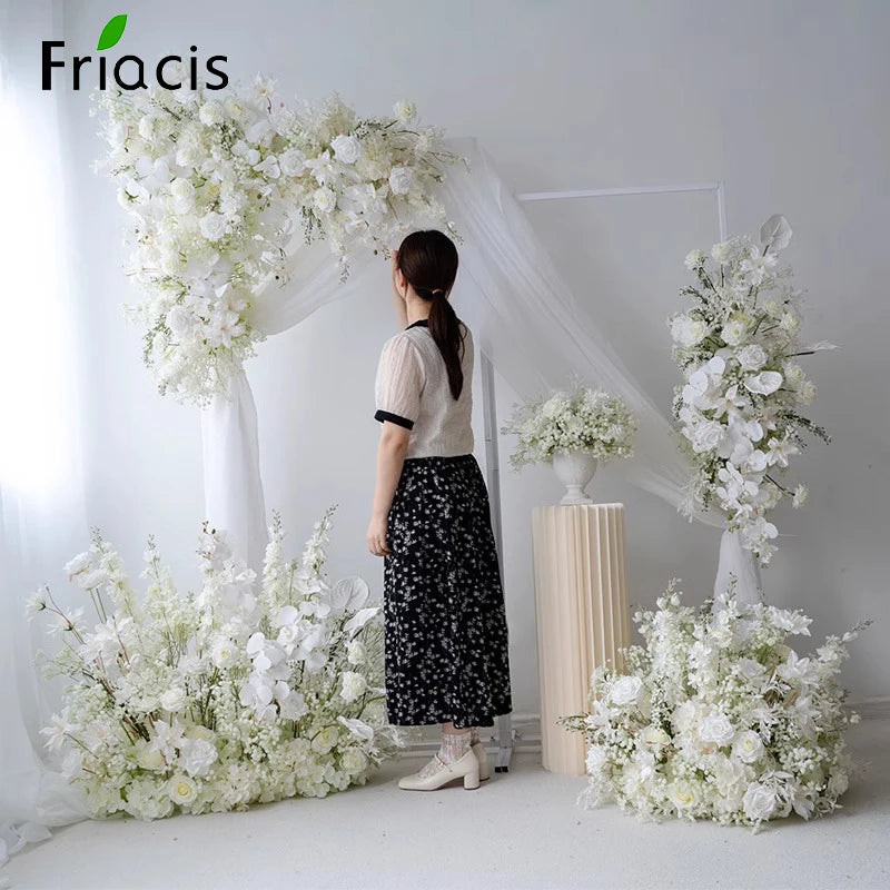 White Baby breath Rose Wedding Backdrop Arch Decor Hanging Flower Row Hyacinth Orchid Event Aisle Floor Floral Arrangement Props