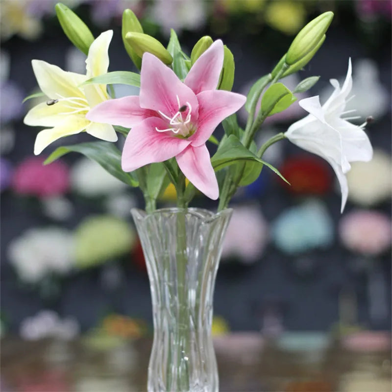 3 Heads Real Touch PVC Artificial Lily Silk Decorative Flower Wedding Decoration Gift Fresh Style Desk Ornaments Floral Arrangem