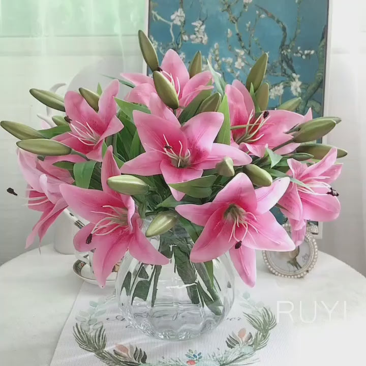 3 Heads Real Touch PVC Artificial Lily Silk Decorative Flower Wedding Decoration Gift Fresh Style Desk Ornaments Floral Arrangem